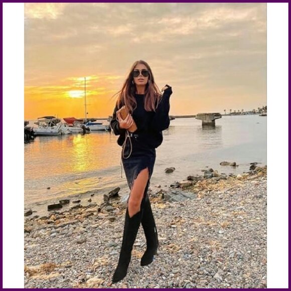 Women's Suede Embroidered Knee High Cowboy Boots Chunky Heel Pull On - Picture 3 of 7